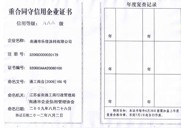 重合同守信用企業(yè)證書